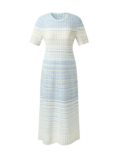 Blue And White Gradient Women Knit Midi Dress