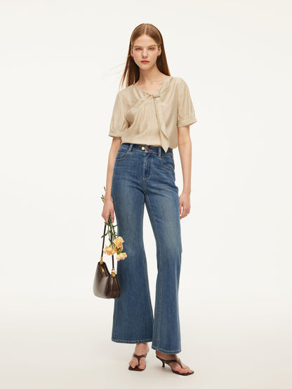 Tencel Acetate Linen Blend Tie Neck Women Blouse