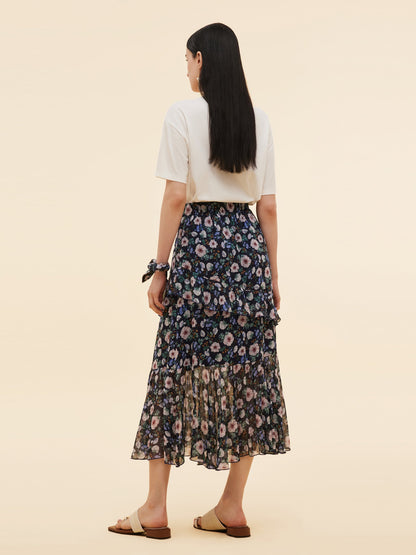 10MM Mulberry Silk Floral Print Women Tiered Skirt