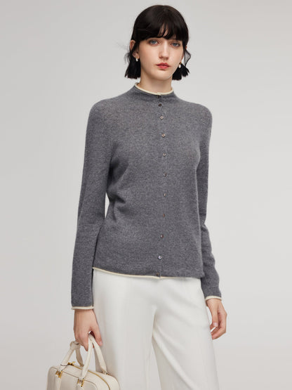 100% Cashmere Seamless Contrast Trim Women Cardigan