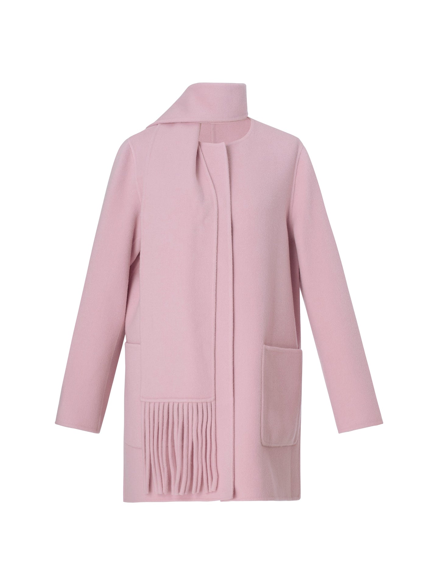 Tencel Wool Blend Double-Faced Women Coat With Fringe Scarf