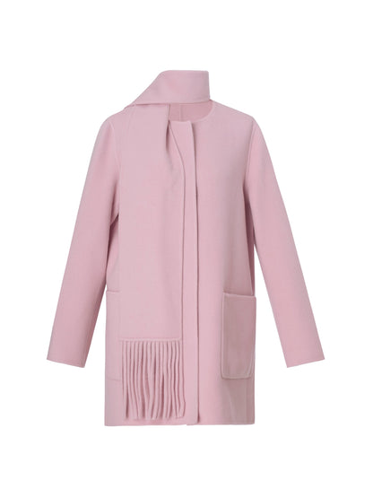 Tencel Wool Blend Double-Faced Women Coat With Fringe Scarf