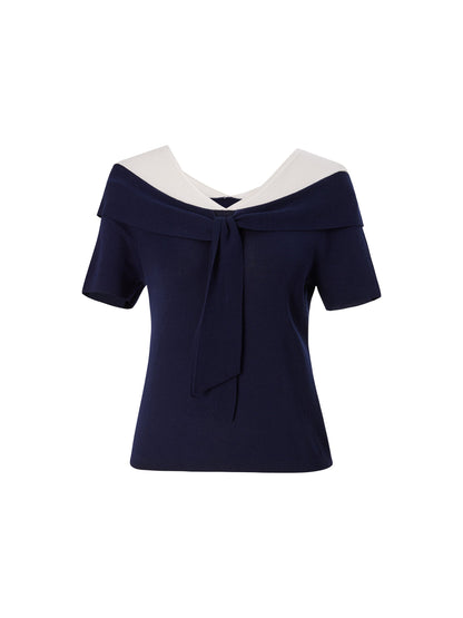 Tencel Blend Color Block Tie Front Women Knit Top