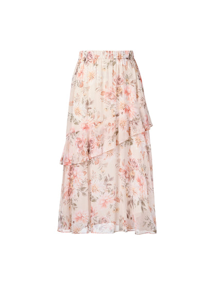 10MM Mulberry Silk Floral Print Women Tiered Skirt