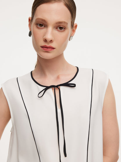 Acetate Blend Tie Front Contrast Trim Women Tank Top