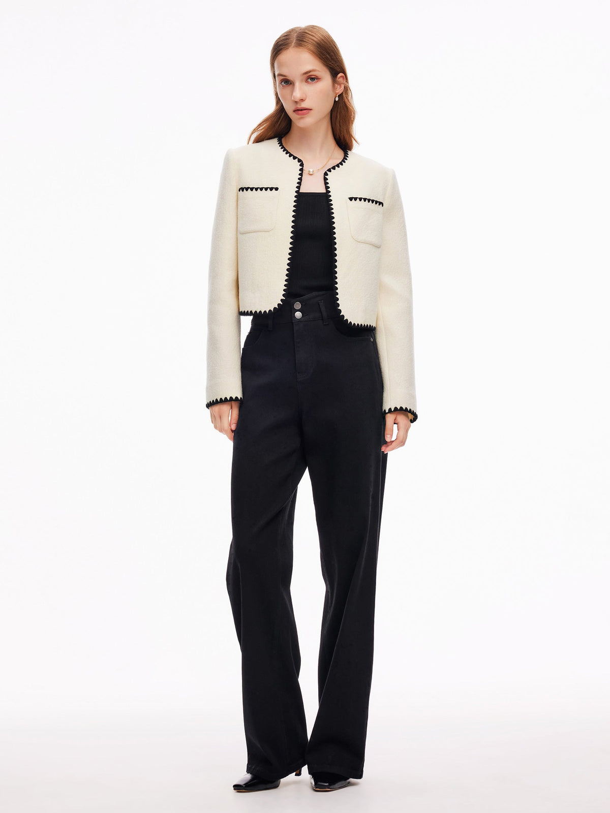 100% Wool Contrast Trim Women Crop Jacket