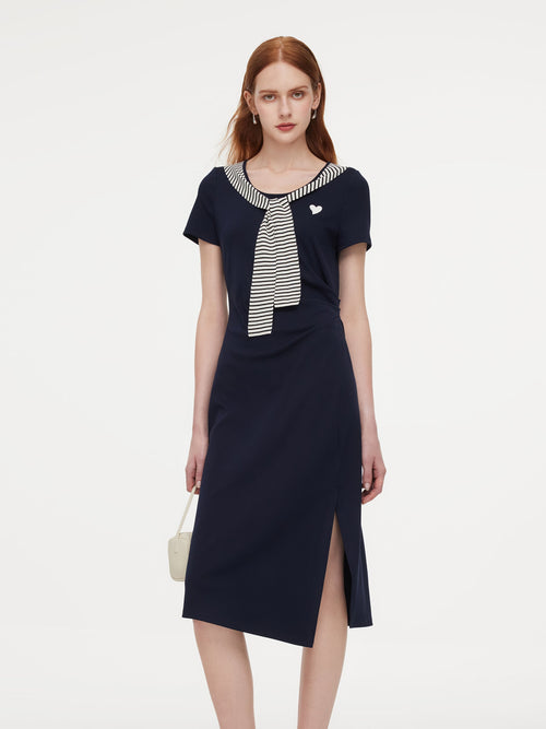 Stripe Scarf Neck Women Slit Knit Midi Dress