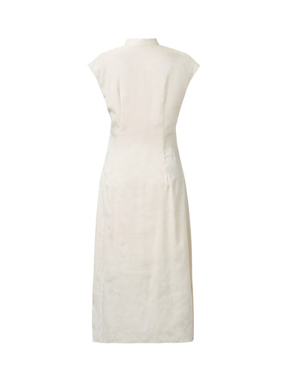 Jacquard Ruched Waist Women Qipao Maxi Dress
