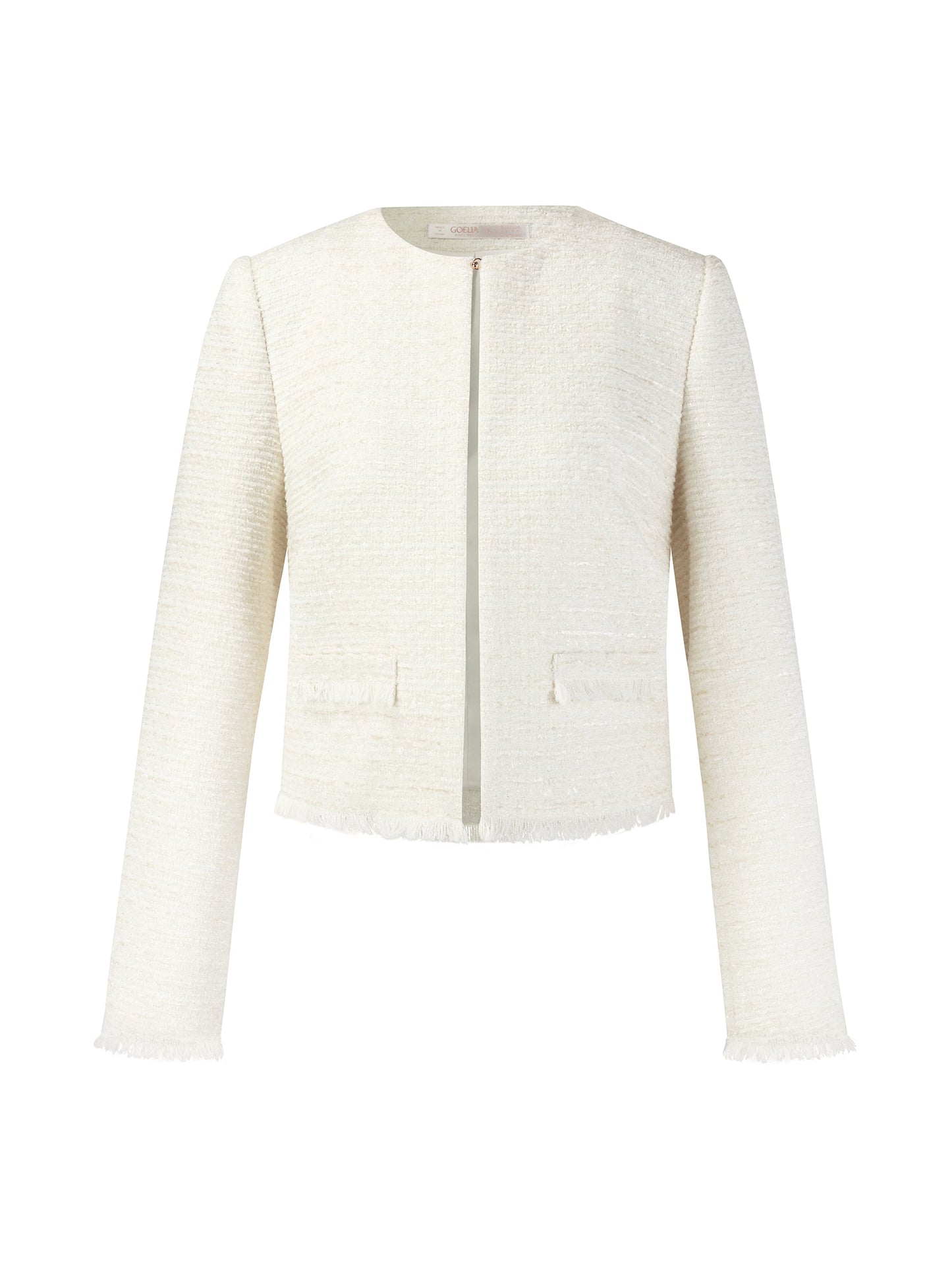 Tweed Round Neck Frayed Hem Women Cropped Jacket