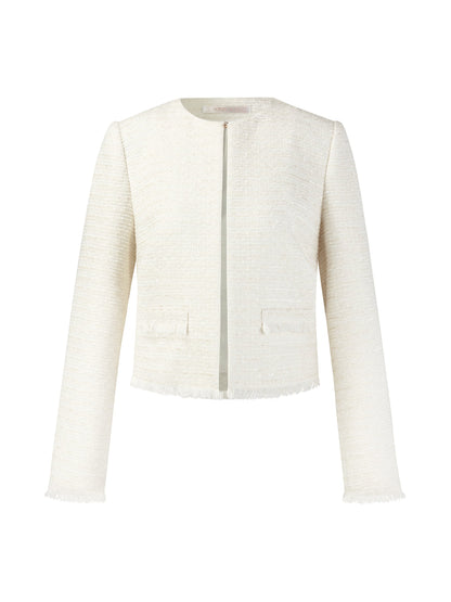Tweed Round Neck Frayed Hem Women Cropped Jacket