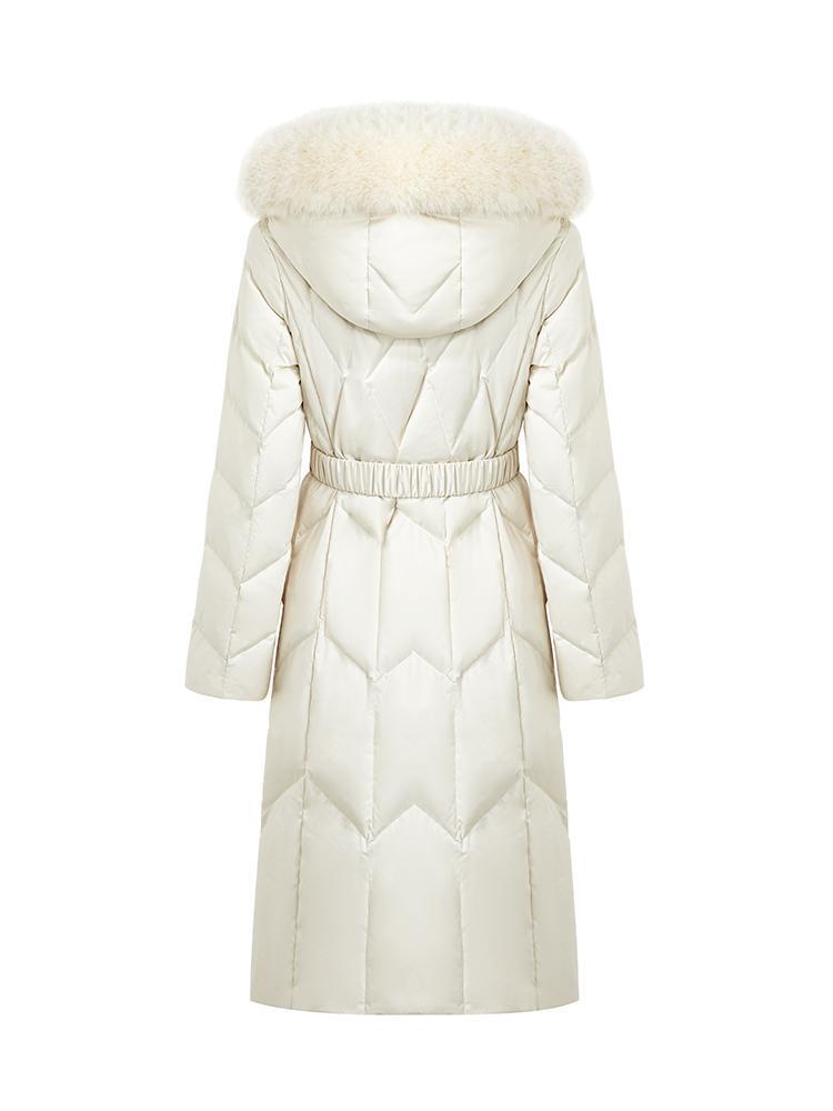 Gathered Waist Long Goose Down Garment With Faux-Fur Collar