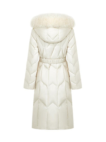 Gathered Waist Long Goose Down Garment With Faux-Fur Collar