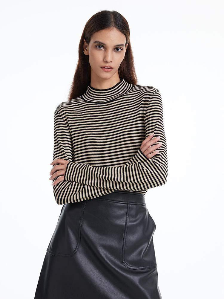 Woolen Stripe Mock Neck Women Sweater