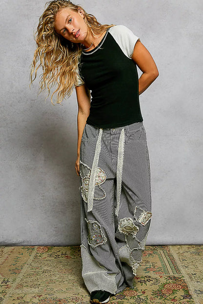 POL Round Neck Outseam Detail T-Shirt with Contrast Color Sleeves