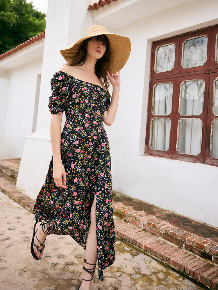 Mulberry Silk Rose Print Women Maxi Dress