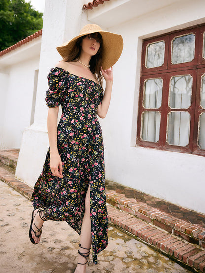 Mulberry Silk Rose Print Women Maxi Dress