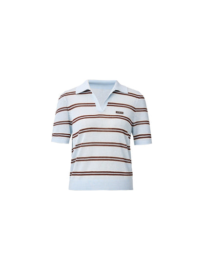 Navy Combo Stripe Women Polo Knit Top