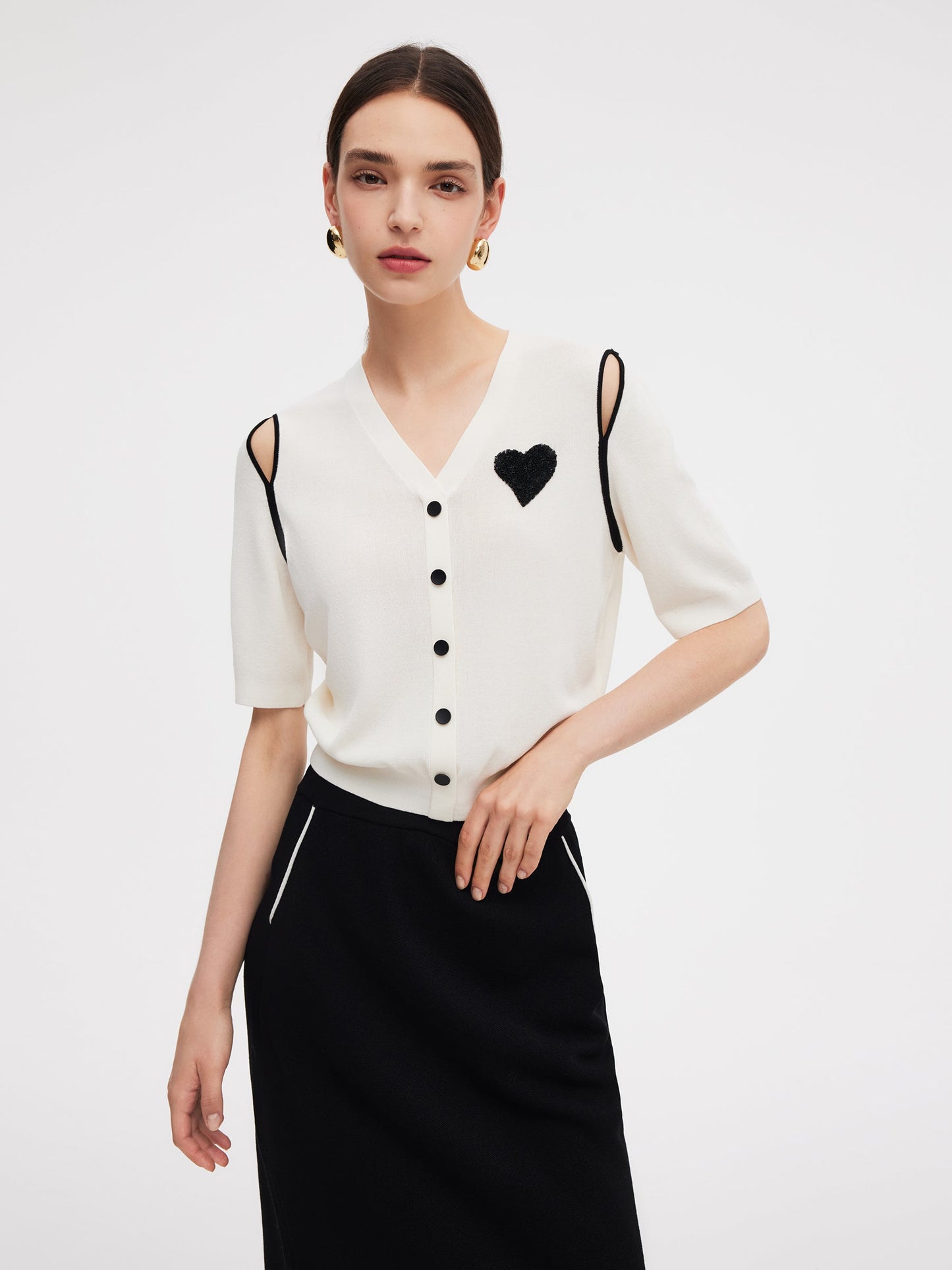 V-Neck Cut-Out Knitted Top And Half Skirt Two-Piece Set