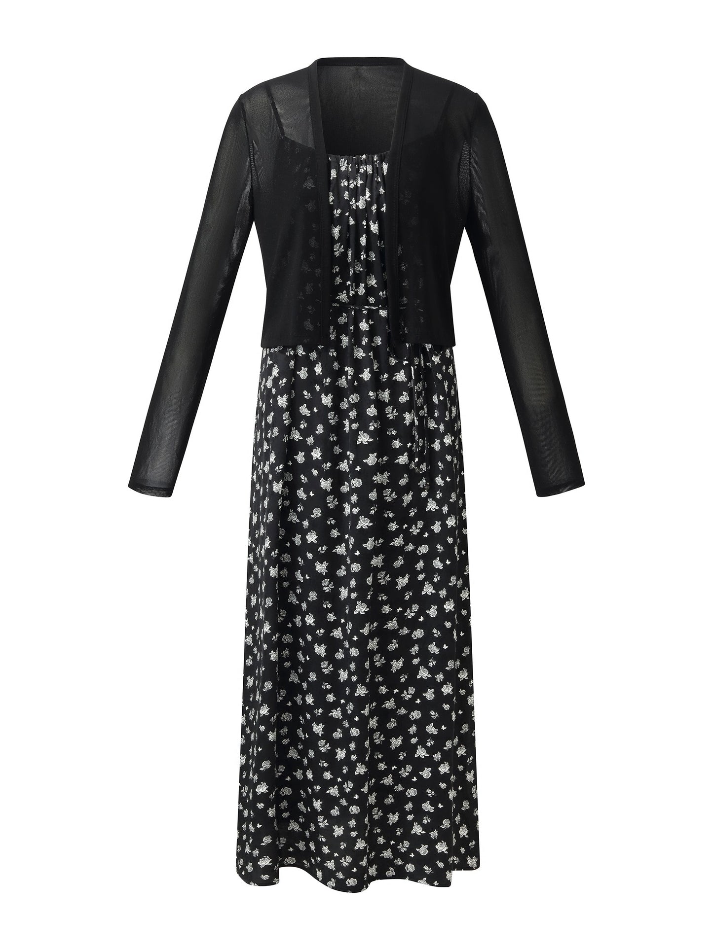 Floral Print Strap Side Slit Maxi Dress And Cardigan Two-Piece Set