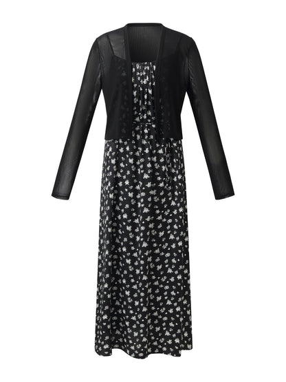 Floral Print Strap Side Slit Maxi Dress And Cardigan Two-Piece Set