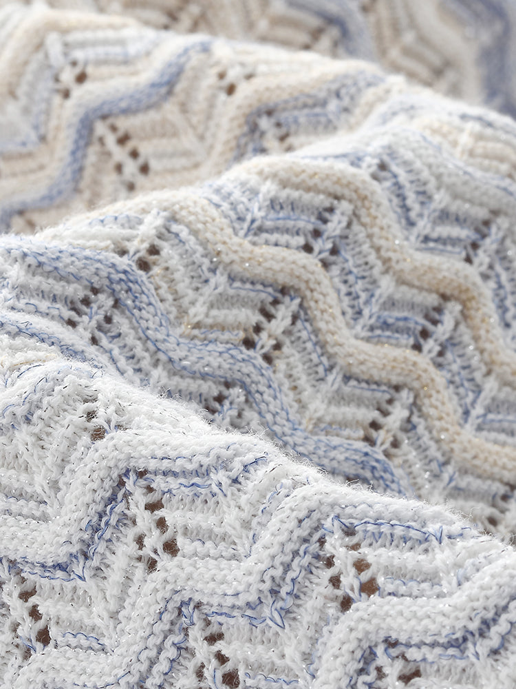 Cotton Blue And White Gradient Stripe Women Cardigan