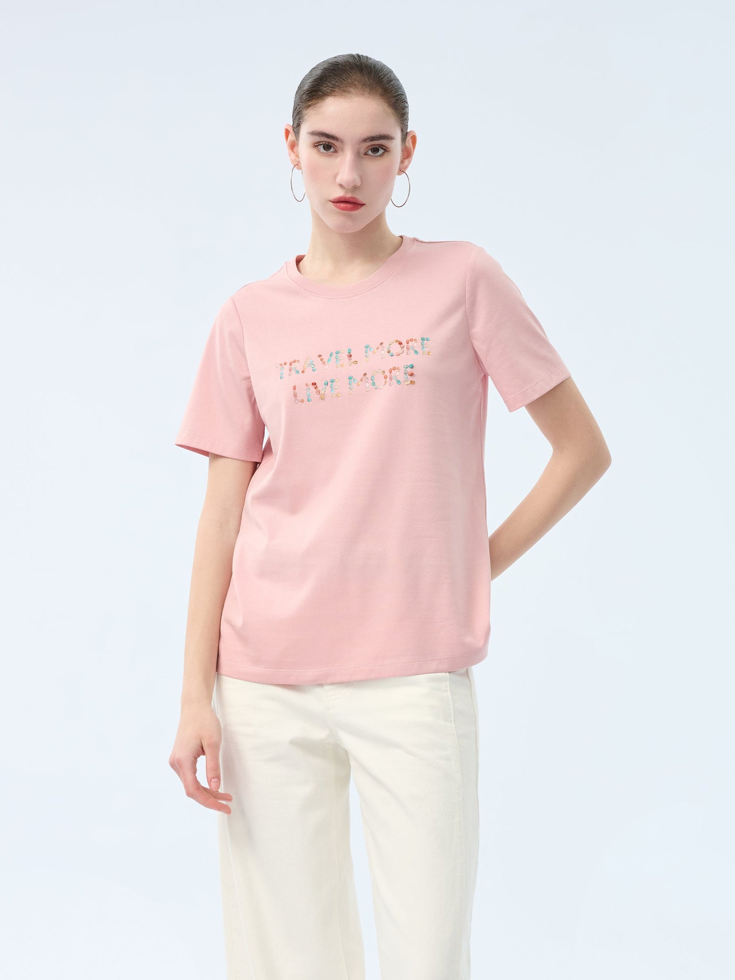Cotton Beaded Letter Women T-Shirt