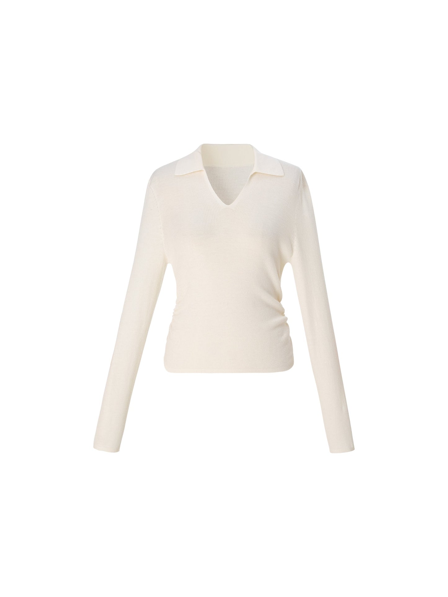 100% Wool V-Neck Ruched Women Polo Knit Top