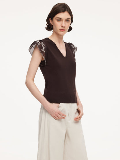 Lyocell Blend V-Neck Women Embroidered Sleeve Knit Top