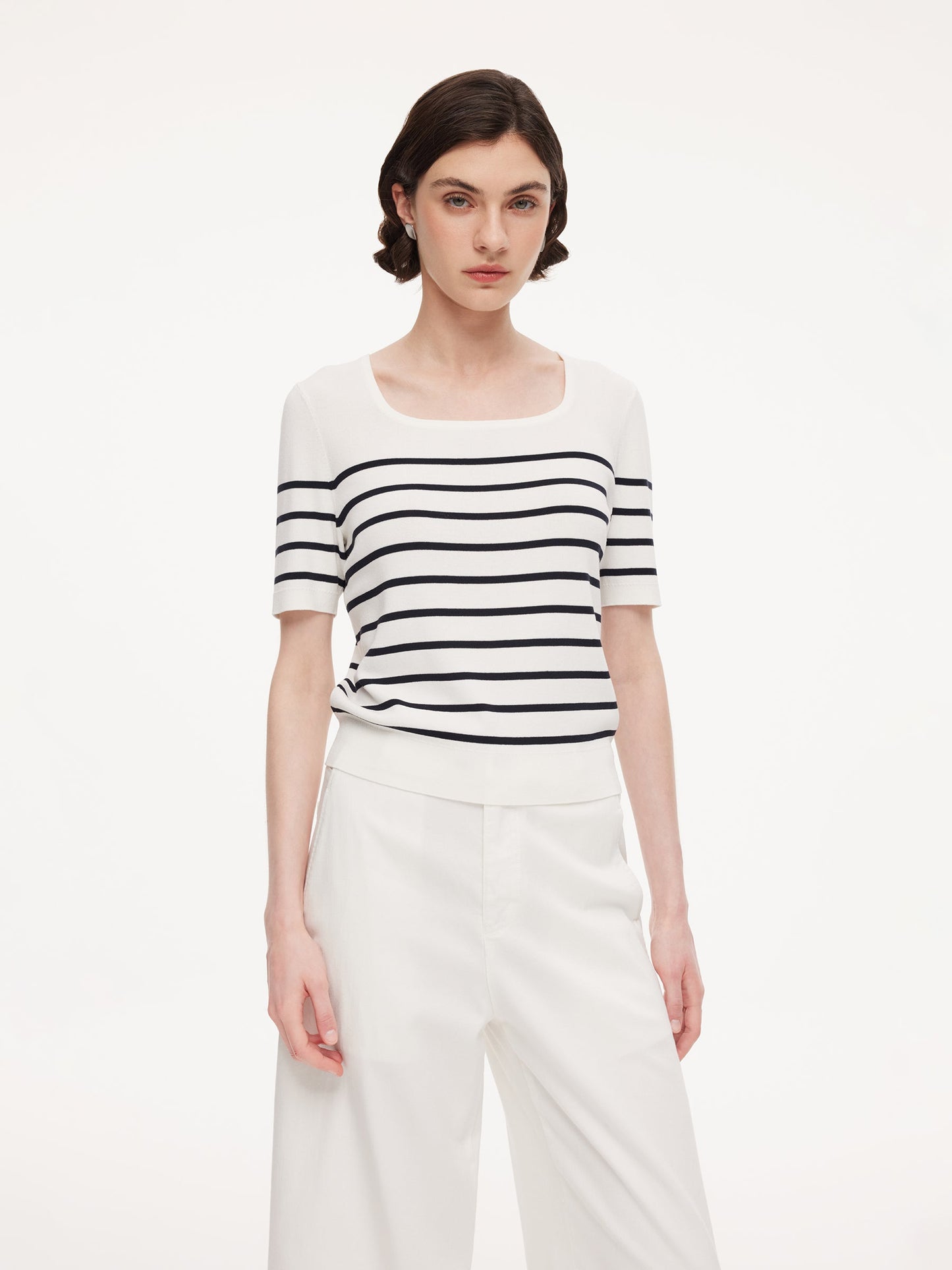 Lyocell Blend Stripe Women Knit Top With Detachable Sailor Collar