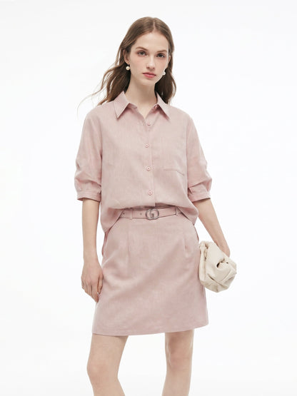 Lyocell Linen Blend Mock-Layered Women Mini Shirt Dress