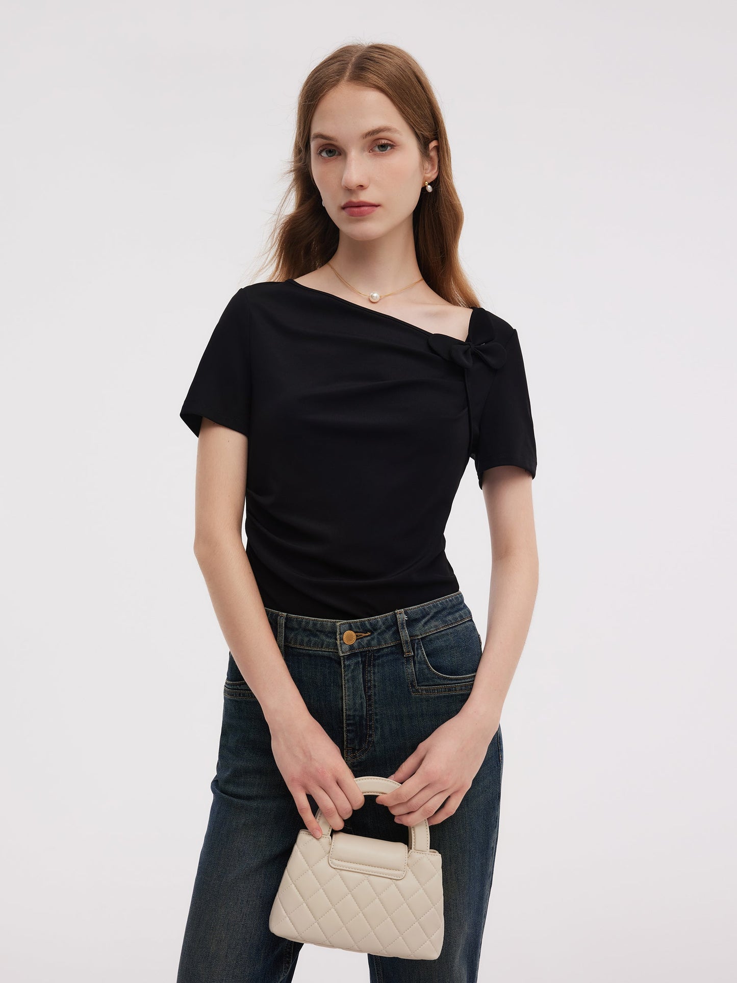 Acetate Blend Asymmetric Neckline Women T-Shirt