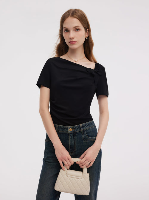 Acetate Blend Asymmetric Neckline Women T-Shirt