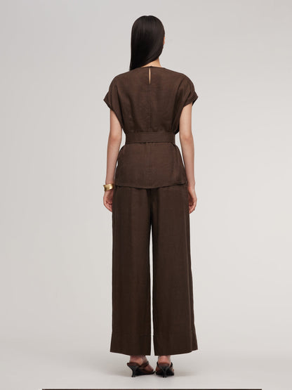100% Linen Blouse And Pants Two-Piece Set