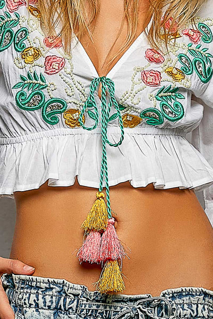 POL Floral Embroidered Cropped Blouse