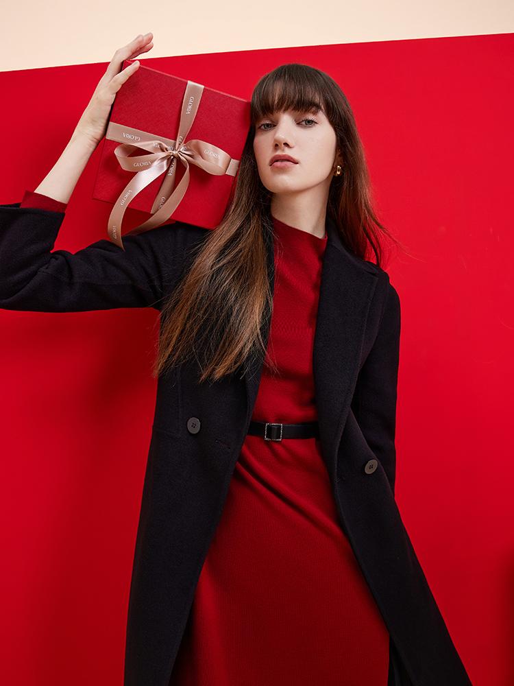 Black Wool And Cashmere Notched Lapel Women Coat