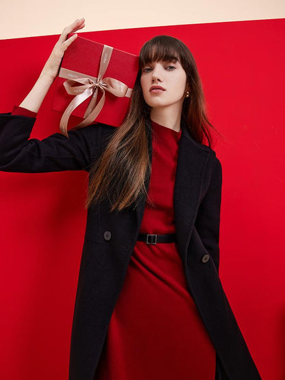 Black Wool And Cashmere Notched Lapel Women Coat