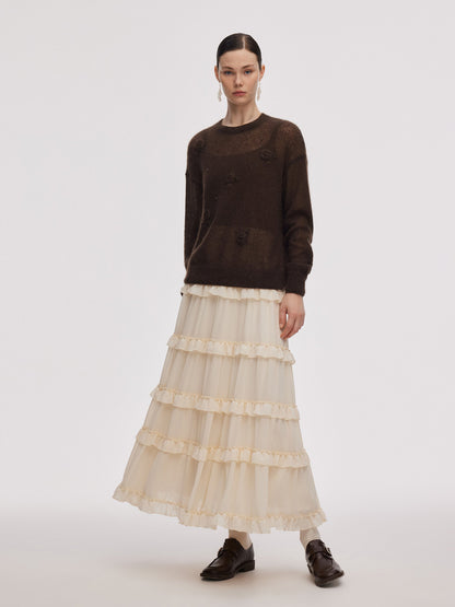 Mohair Wool Blend Women Hand-Crocheted Floral Sweater