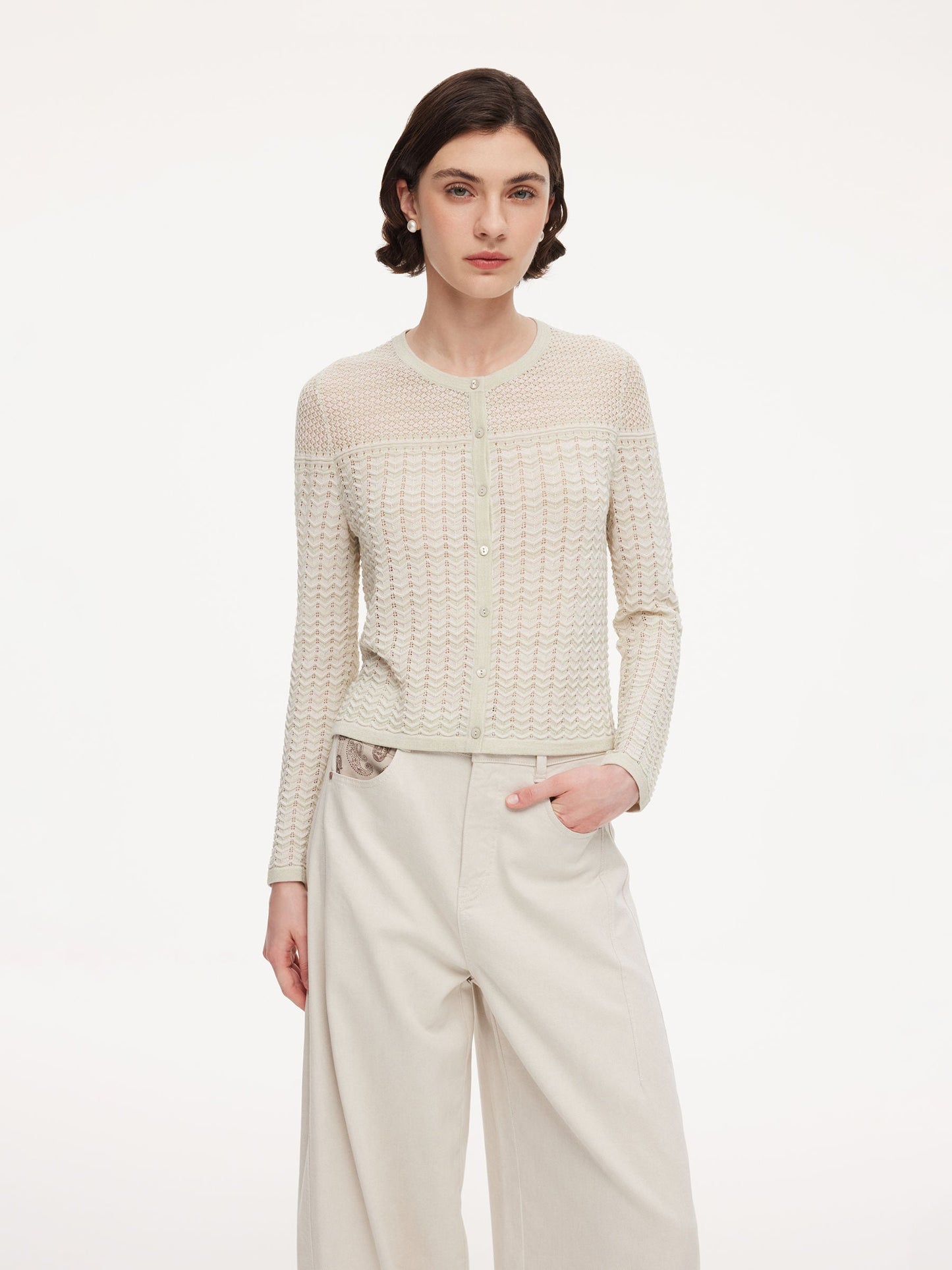Acetate Cotton Blend Gradient Jacquard Women Openwork Cardigan