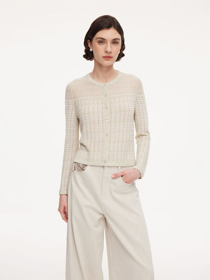 Acetate Cotton Blend Gradient Jacquard Women Openwork Cardigan