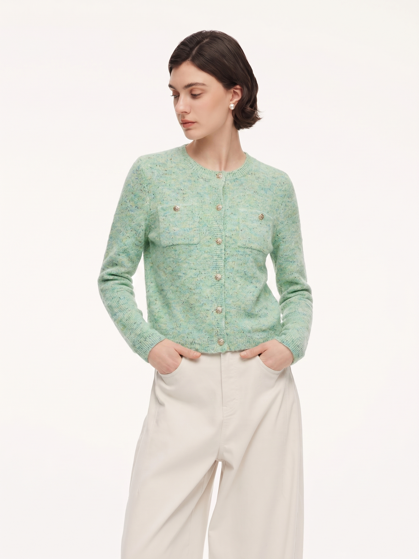 Melange Green Single Breasted Women Cardigan