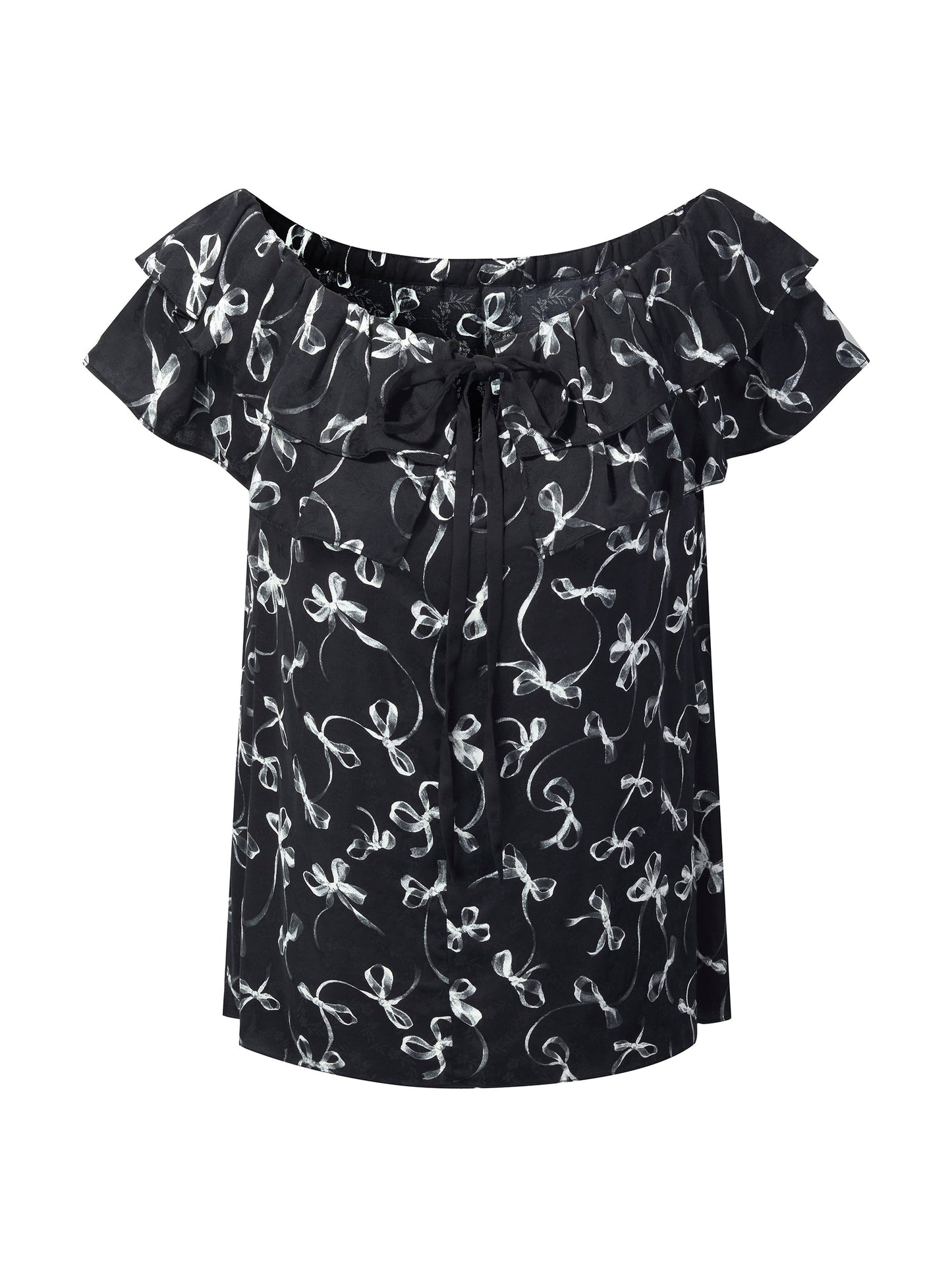 Jacquard Ribbon Print Tie Front Women Ruffle Blouse