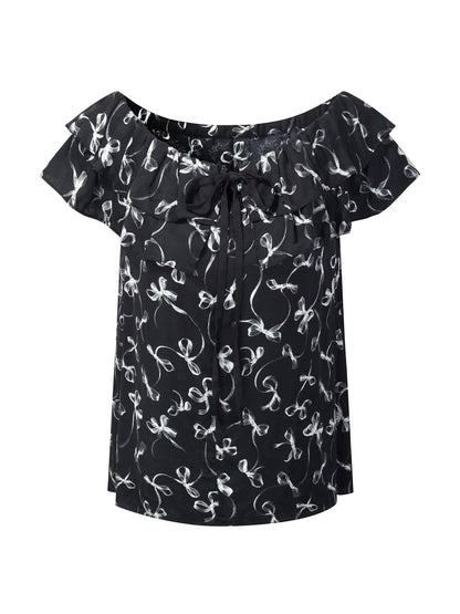 Jacquard Ribbon Print Tie Front Women Ruffle Blouse
