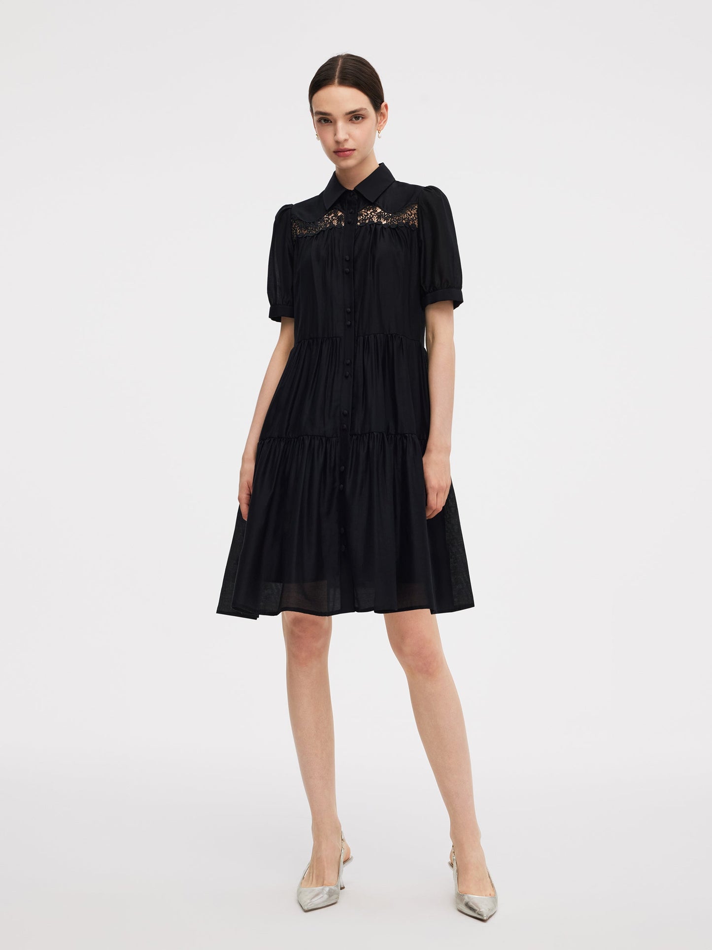 Tencel Blend Women Tiered Mini Dress With Ribbon
