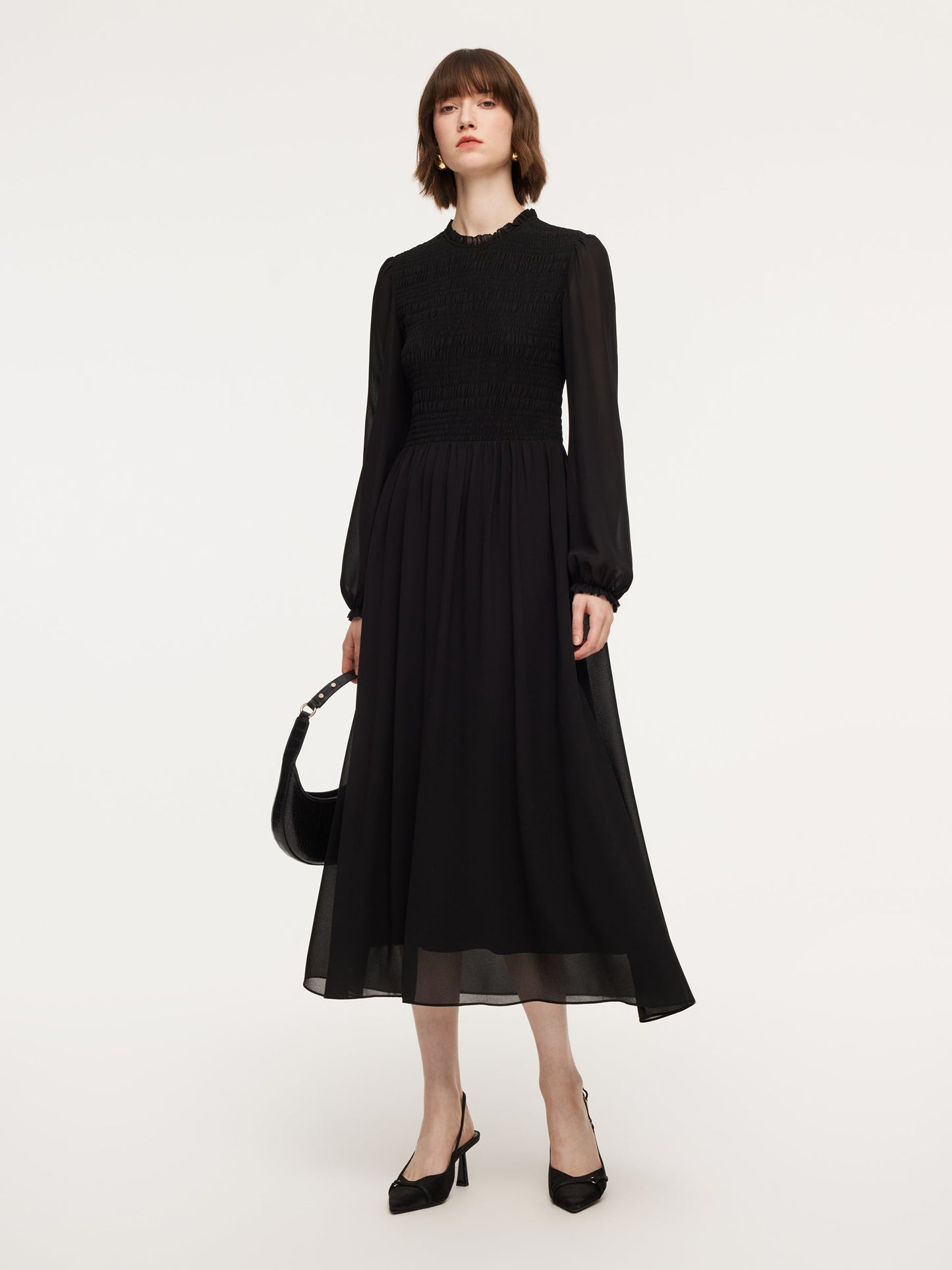 Ruffle Round Neck Women Smocked Maxi Dress