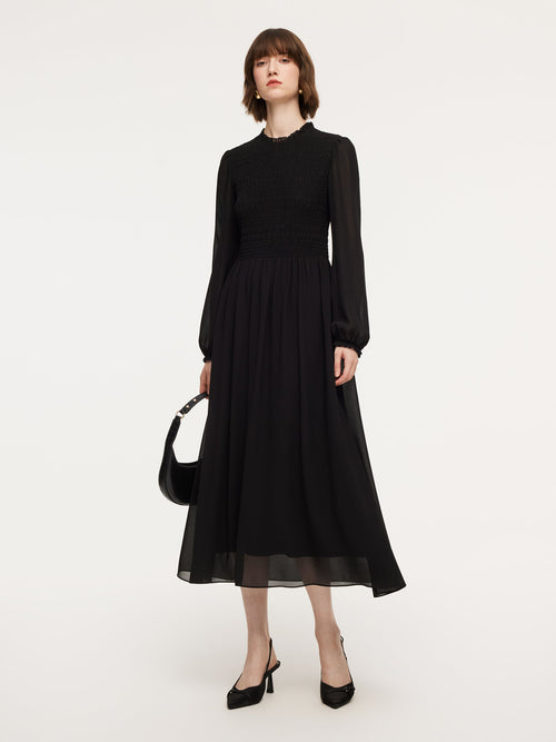 Ruffle Round Neck Women Smocked Maxi Dress