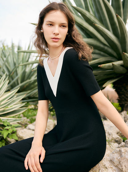Pre-Order Contrast V-Neck Slim Knitted Women Midi Dress