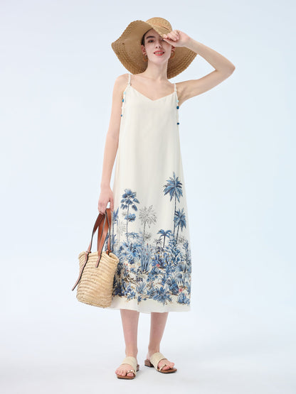 Tencel Linen Blend Floral Print Women Strap Maxi Dress