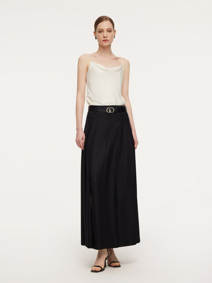 100% Wool Side Slit Women Pleated Skirt With Belt