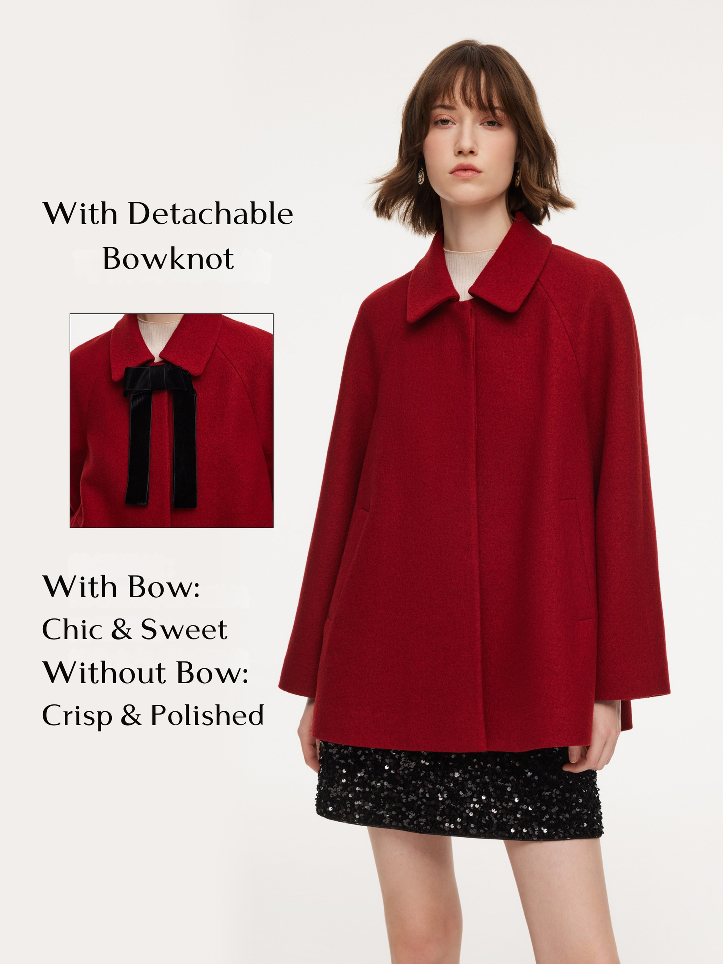 100% Wool Women Coat With Detachable Bowknot