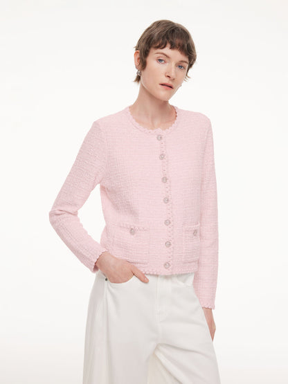 Round Neck Single-Breasted Women Textured Cardigan